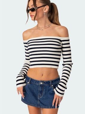 Edikted Navy and White Striped Off-Shoulder Knit Long Sleeve Crop Top